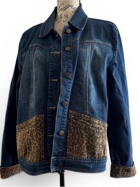 Back in the Saddle Dark Blue Denim Jacket with Leopard Print Pocket Details